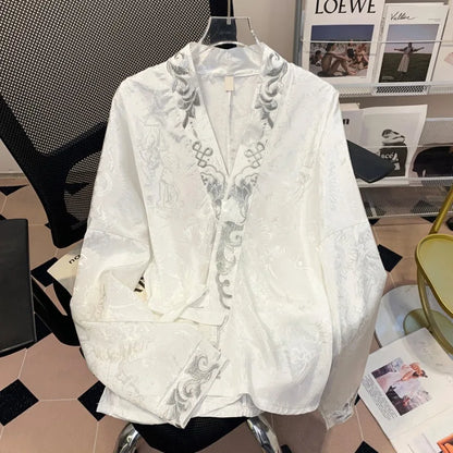 Bluse Damen Geblümt V-Ausschnitt Lange Ärmel Satin-1