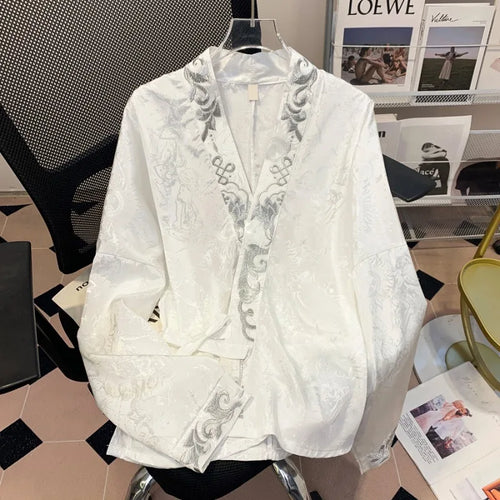 Bluse Damen Geblümt V-Ausschnitt Lange Ärmel Satin-1