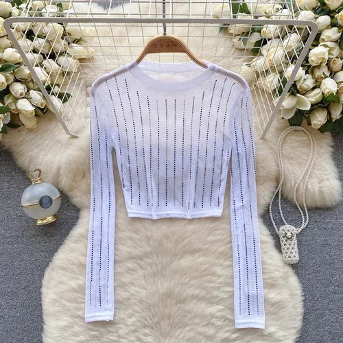 Damen-Crop-Top, langärmelig, figurbetontes Polyester-4