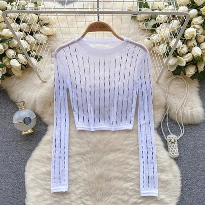 Damen-Crop-Top, langärmelig, figurbetontes Polyester-4