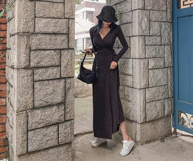 Damen-Maxikleid mit V-Ausschnitt aus schwarzem Polyester und Baumwolle – elegantes langes Kleid für Feiern und Alltag 6