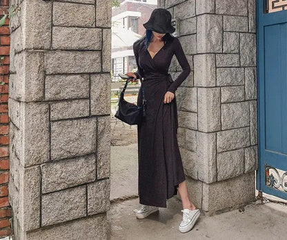 Damen-Maxikleid mit V-Ausschnitt aus schwarzem Polyester und Baumwolle – elegantes langes Kleid für Feiern und Alltag 6