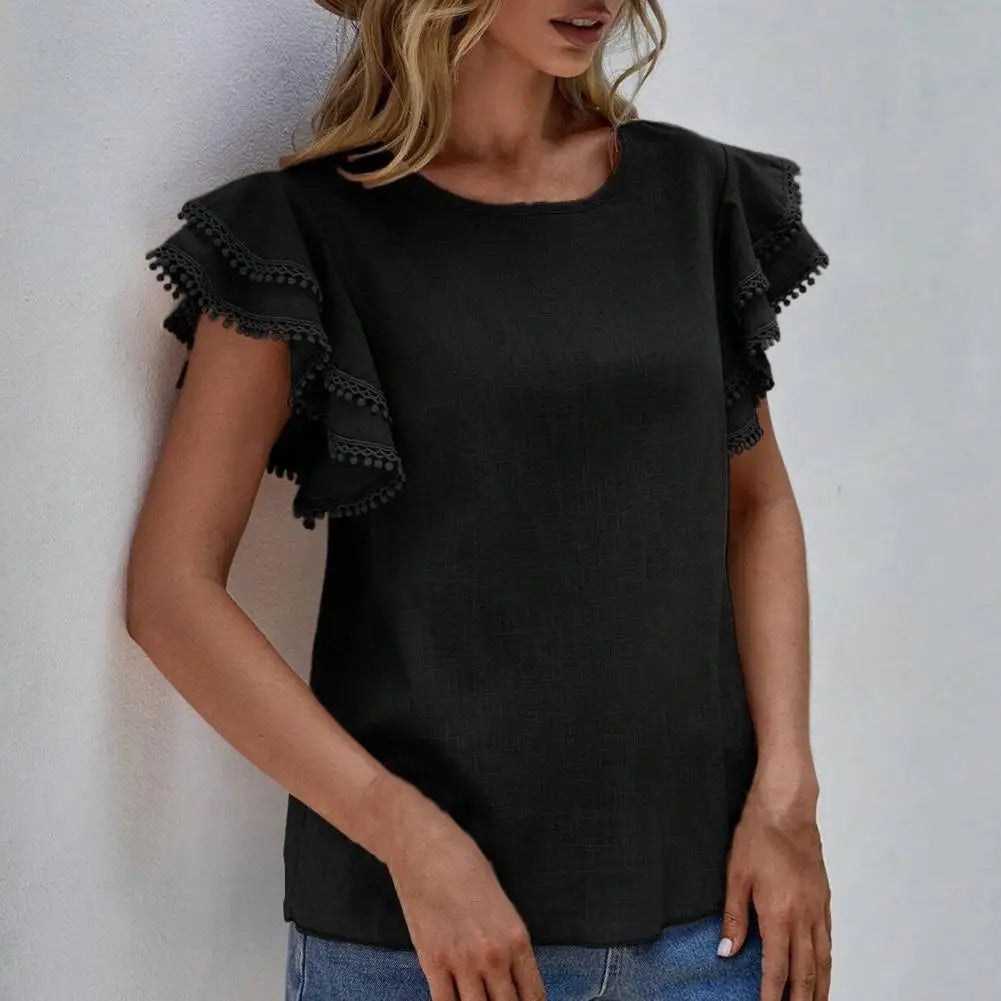 Damenbluse rüschenbesetzte Ärmel gehäkelte Details Polyester-4