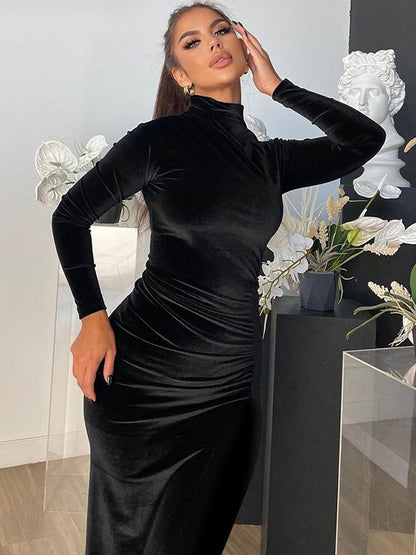 Damen-Maxikleid, minimalistisches Samt, langarm 1