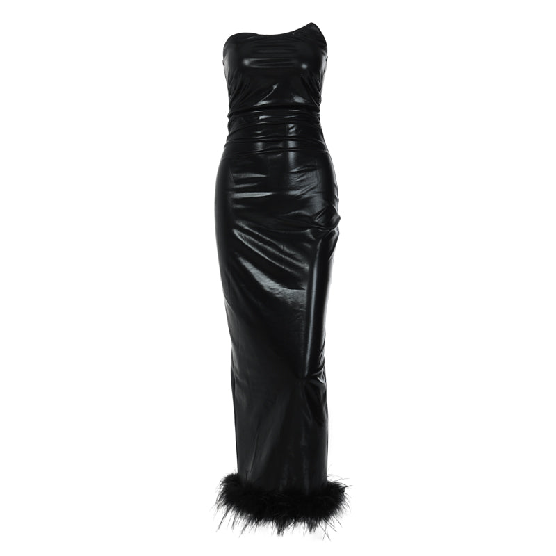 Damen-Kleid, lang, elegant, PU-Leder-3