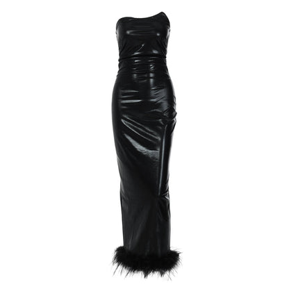 Damen-Kleid, lang, elegant, PU-Leder-3