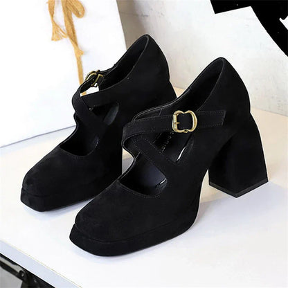 Damen Schuhe Mary Jane Eckige Zehenpartie Flockmaterial Trendiger Komfort-6