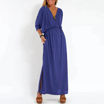 Damen-Maxikleid, Vintage, Hoche Taille, Seitenschlitz, Polyester 3