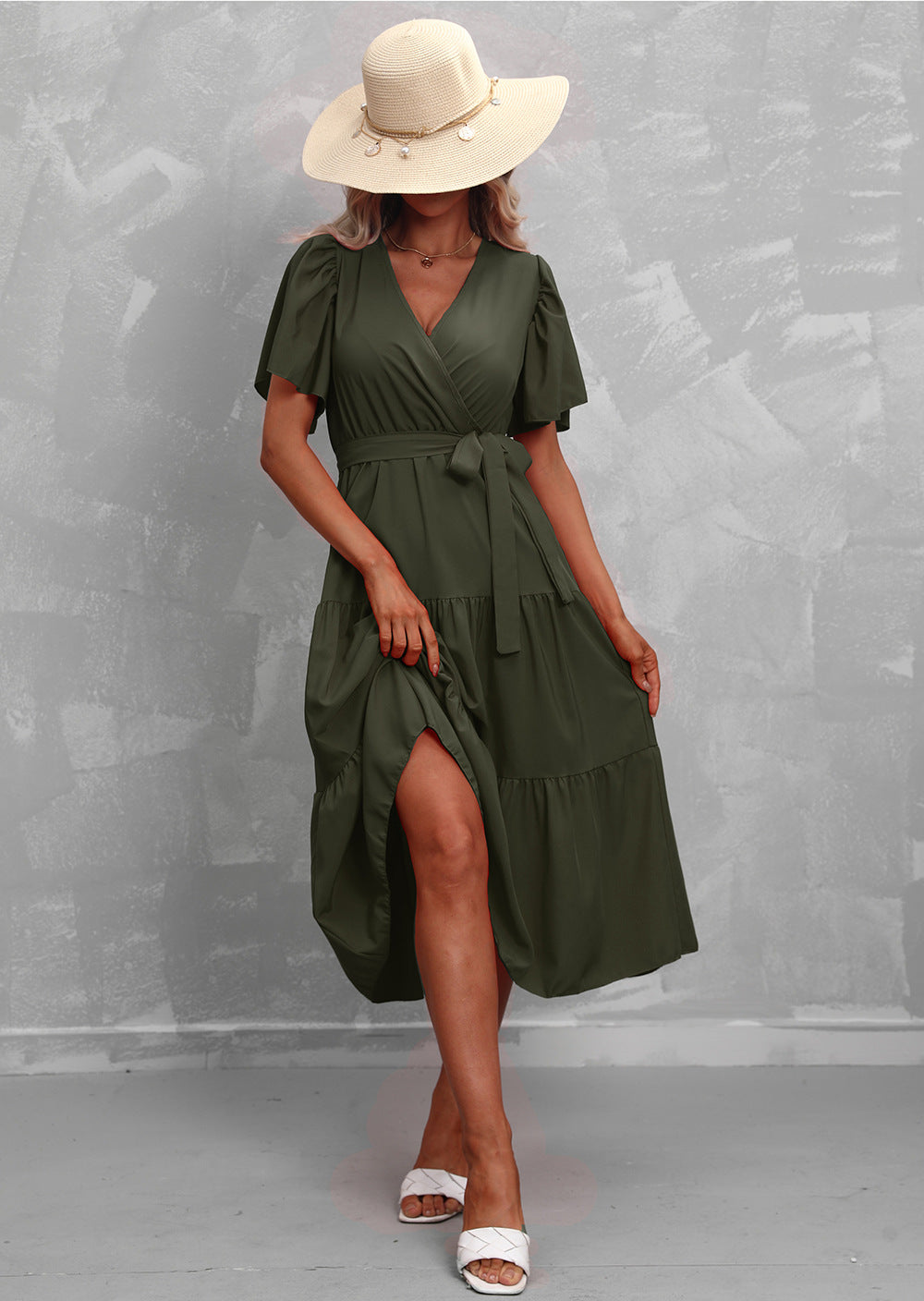 Damenkleid Midi Rüschen Lässig Polyester-1