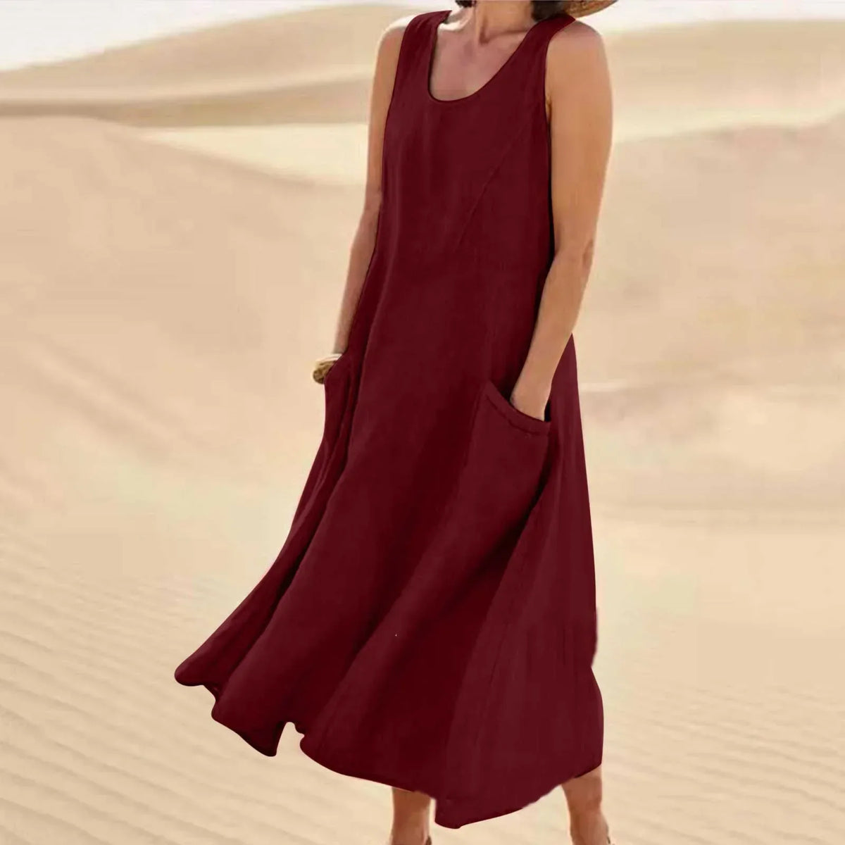 Damen-Kleines Leinenkleid mit Taschen, atmungsaktiv, Loose Fit 19