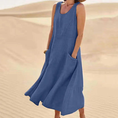 Damen-Kleines Leinenkleid mit Taschen, atmungsaktiv, Loose Fit 4