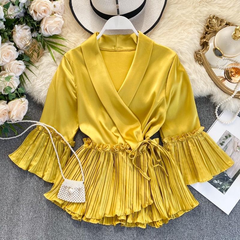 Damen Chiffonbluse mit Rüschen V-Ausschnitt Lange Ärmel-1