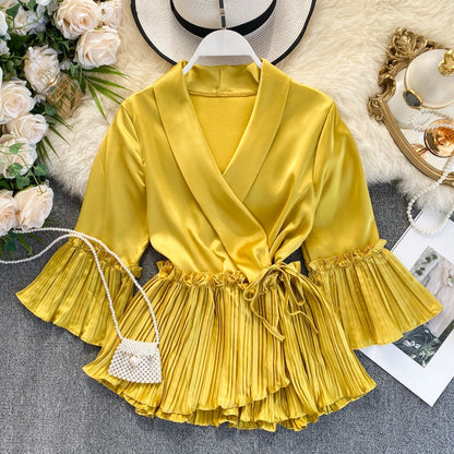 Damen Chiffonbluse mit Rüschen V-Ausschnitt Lange Ärmel-1