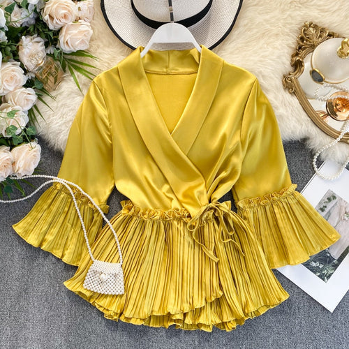 Damen Chiffonbluse mit Rüschen V-Ausschnitt Lange Ärmel-1
