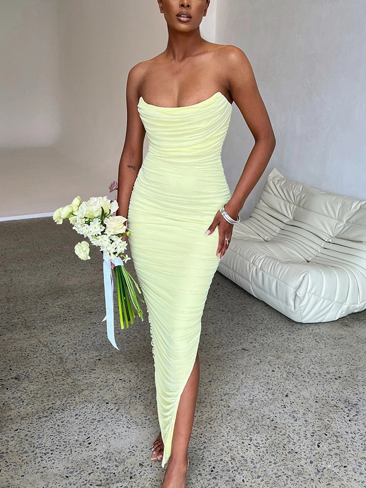 Damen-Maxikleid, ohne Träger, Baumwolle, Polyester, eleganter Sommer, langes Kleid-3