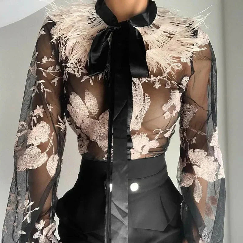 Damen-Hemd, Blumenmuster, lange Ärmel, Polyester-1