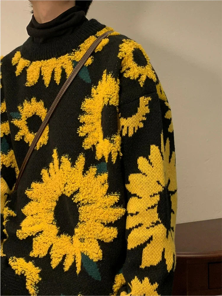 Herren-Baggy-Strickjacke mit Blumenmuster, 100% Acryl, japanischer Retro-Stil-4