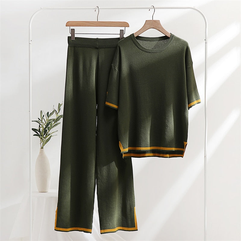 Damen-Hosen-Set, hohe Taille, lange Baumwolle, Viskose-4