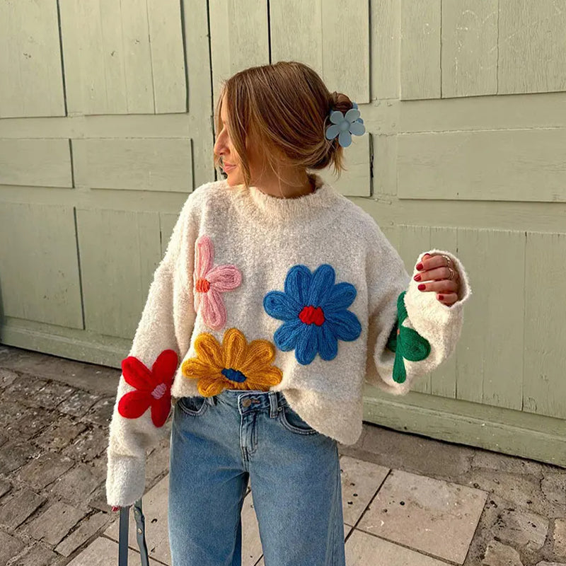 Damen-Lange Strickjacke, gestrickt, mit Blumenstickerei-1