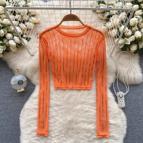 Damen-Crop-Top, langärmelig, figurbetontes Polyester-1