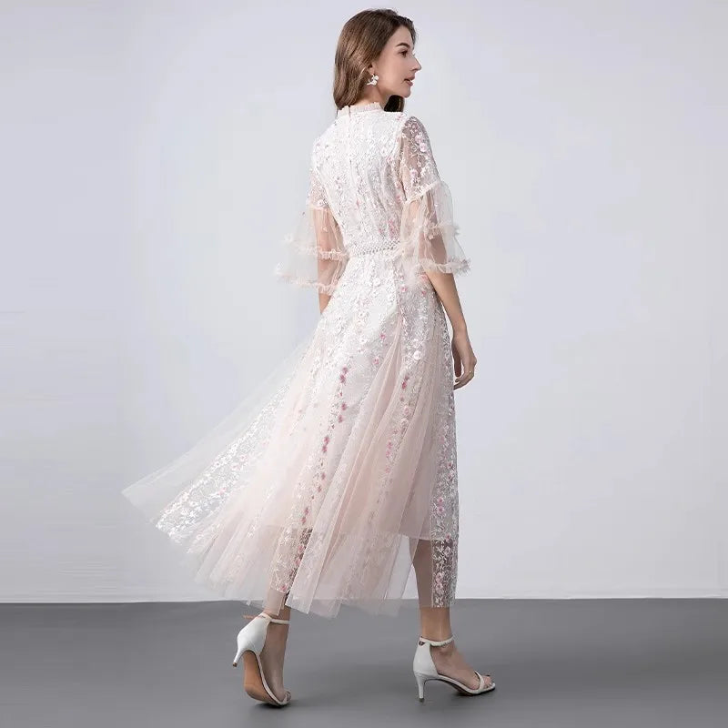 Damen-Midikleid, O-Ausschnitt, Baumwolle, Polyester-3