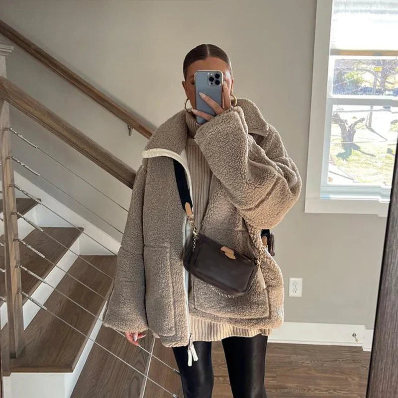 Damenjacke Oversized Hoher Kragen Locker Geschnittener Stoff-5
