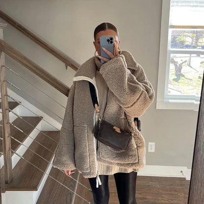 Damenjacke Oversized Hoher Kragen Locker Geschnittener Stoff-5