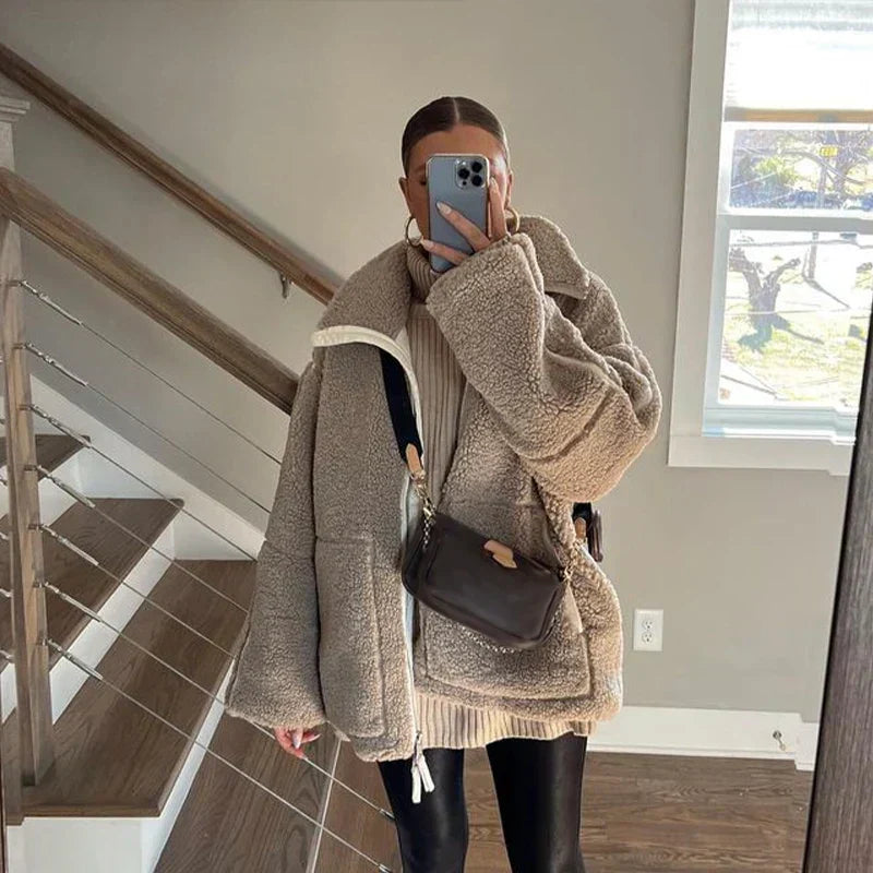 Oversize-Damenjacke mit hohem Kragen aus hochwertigem Stoff – locker geschnittene Jacke für den Alltag 4