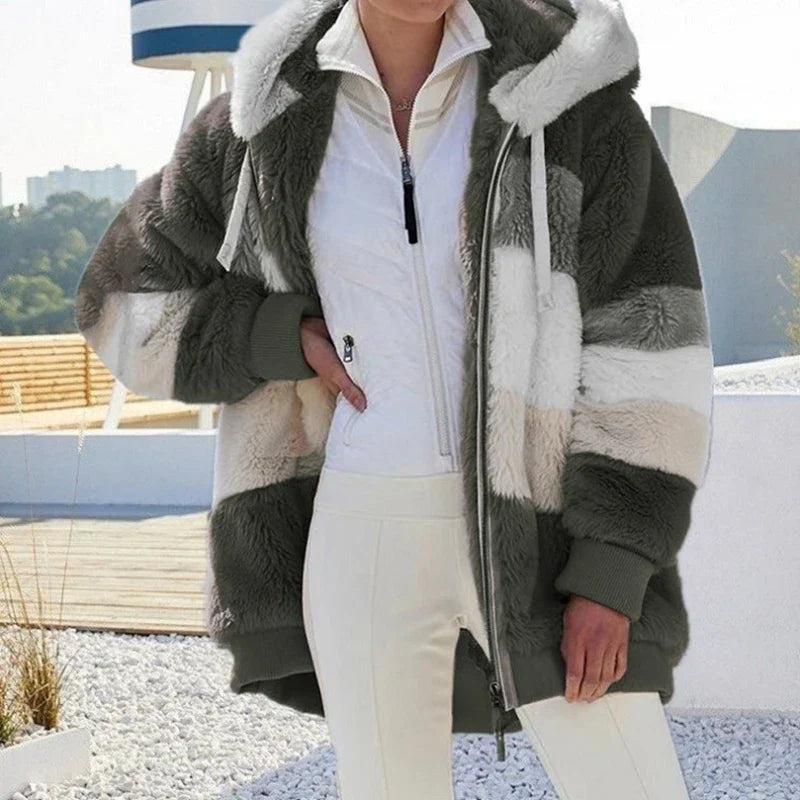 Damen-Oversize-Mantel, Fleece mit Kunstfell-4