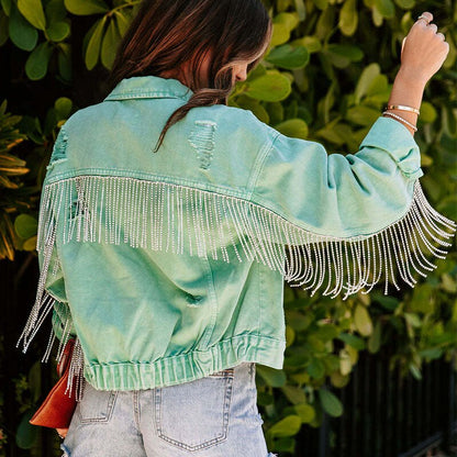 Damen-Festivaljacke mit glitzernden Fransen, langen Ärmeln und klassischem Kragen – silberne Polyesterjacke für festliche Anlässe 2