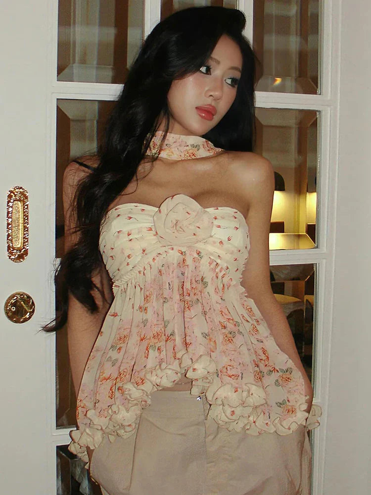 Variant image for Damen-Party-Top, Blumenmuster, Polyester-Spandex, elegant, gerafftes Design-1