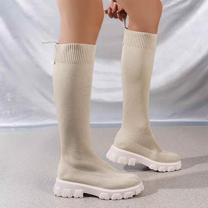 Damen-Stiefel, Strickschuhe, Stretch, Gummi-4