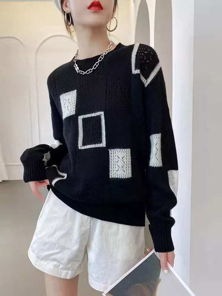 Damen-Strickpullover, geometrisches Design, gemischter Stoff-2