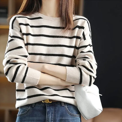 Damen-Strickpullover, gestreifte weiche Baumwollmischung-2