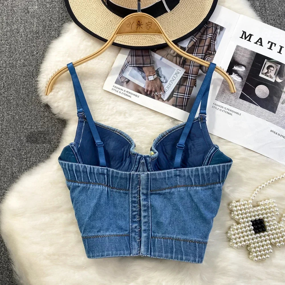 Damen-Crop-Top, monochromer Denim, mit Perlenverzierung-5