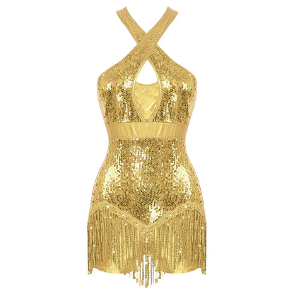 Damen-Minikleid, glitzernd, mit Pailletten und Fransen-4
