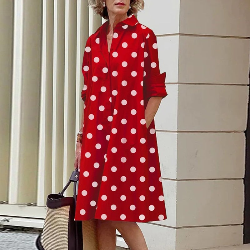 Damen-Midi-Kleid, A-Linie, Polyester, mit Umlegbarer Kragen-6