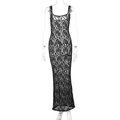 Damen-Maxikleid, Spaghettiträger, langes Polyester, eckiger Ausschnitt-4
