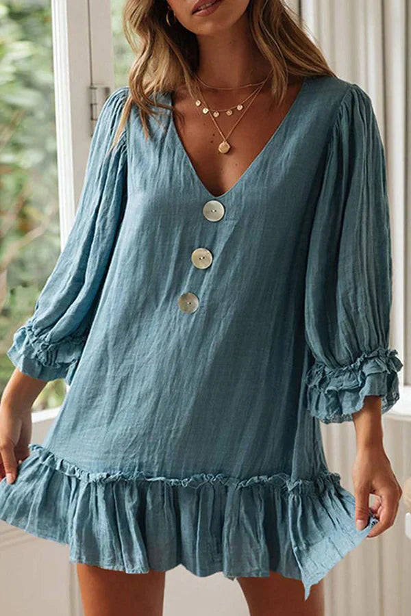 Damenkleid, V-Ausschnitt, leichter einfarbiger Stoff-3