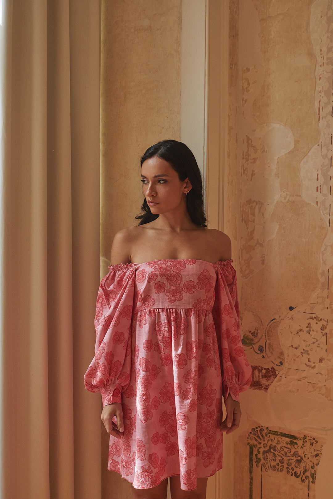 Damen-Kleid Babydoll mit Ballonärmeln aus Viskose und Leinen-1