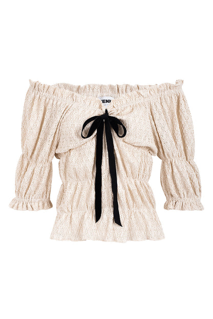 Damenbluse im romantischen Stil mit elastischen Details und Samtband 100% PES-5