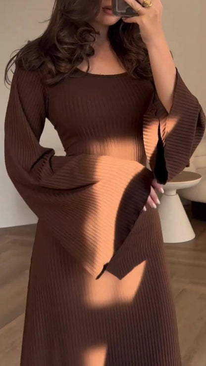 Damen-Maxikleid, gerippt, langärmelig, aus hochwertigem Stoff-3