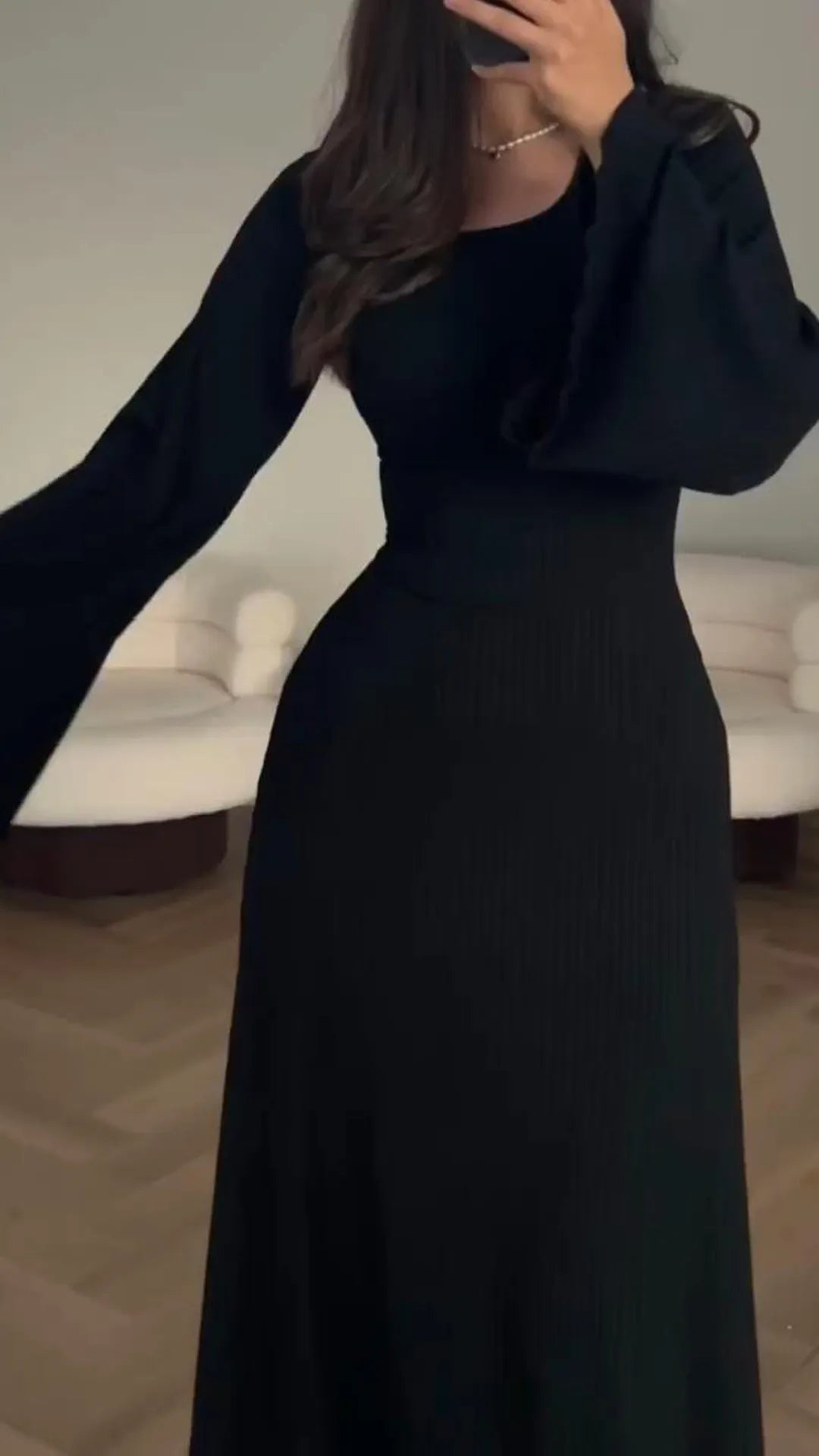 Damen-Maxikleid, gerippt, langärmelig, aus hochwertigem Stoff-2
