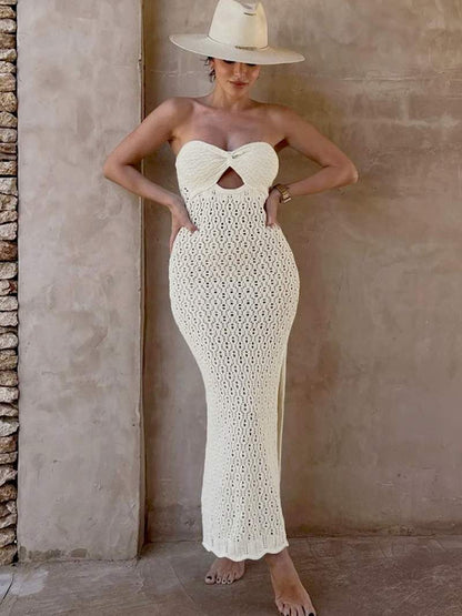 Maxikleid Damen Ärmelloses Transparent Handgewebt Design-2
