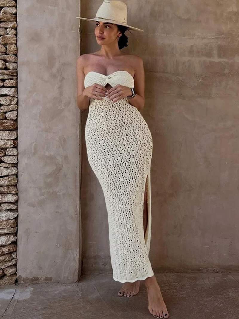 Maxikleid Damen Ärmelloses Transparent Handgewebt Design-3
