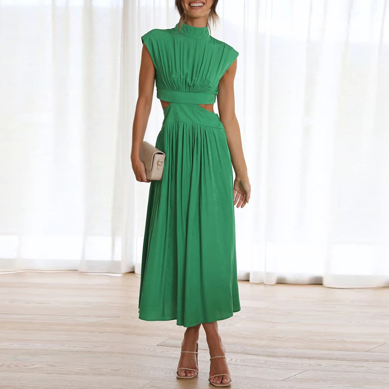 Damen-Maxikleid mit hohem Halsausschnitt aus grünem Polyester und Baumwolle – langes Kleid für Sommer und Party 3