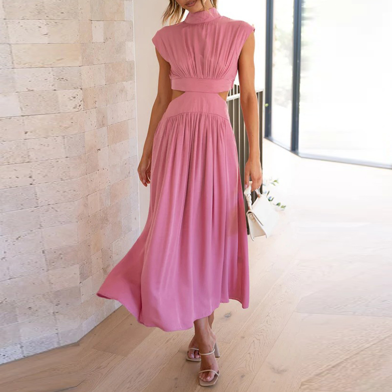 Damen-Maxikleid mit hohem Halsausschnitt aus grünem Polyester und Baumwolle – langes Kleid für Sommer und Party 6