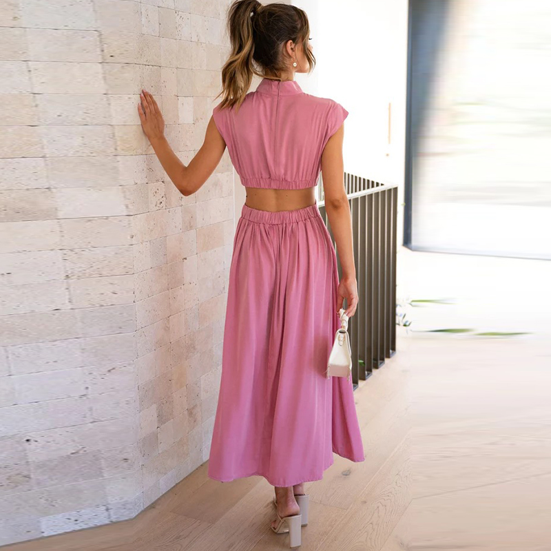 Damen-Maxikleid mit hohem Halsausschnitt aus grünem Polyester und Baumwolle – langes Kleid für Sommer und Party 2