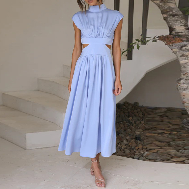 Damen-Maxikleid mit hohem Halsausschnitt aus grünem Polyester und Baumwolle – langes Kleid für Sommer und Party 5