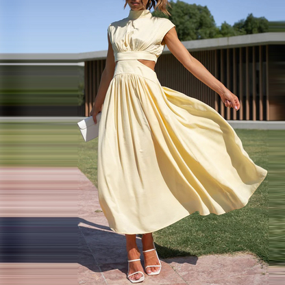 Damen-Maxikleid mit hohem Halsausschnitt aus grünem Polyester und Baumwolle – langes Kleid für Sommer und Party 1